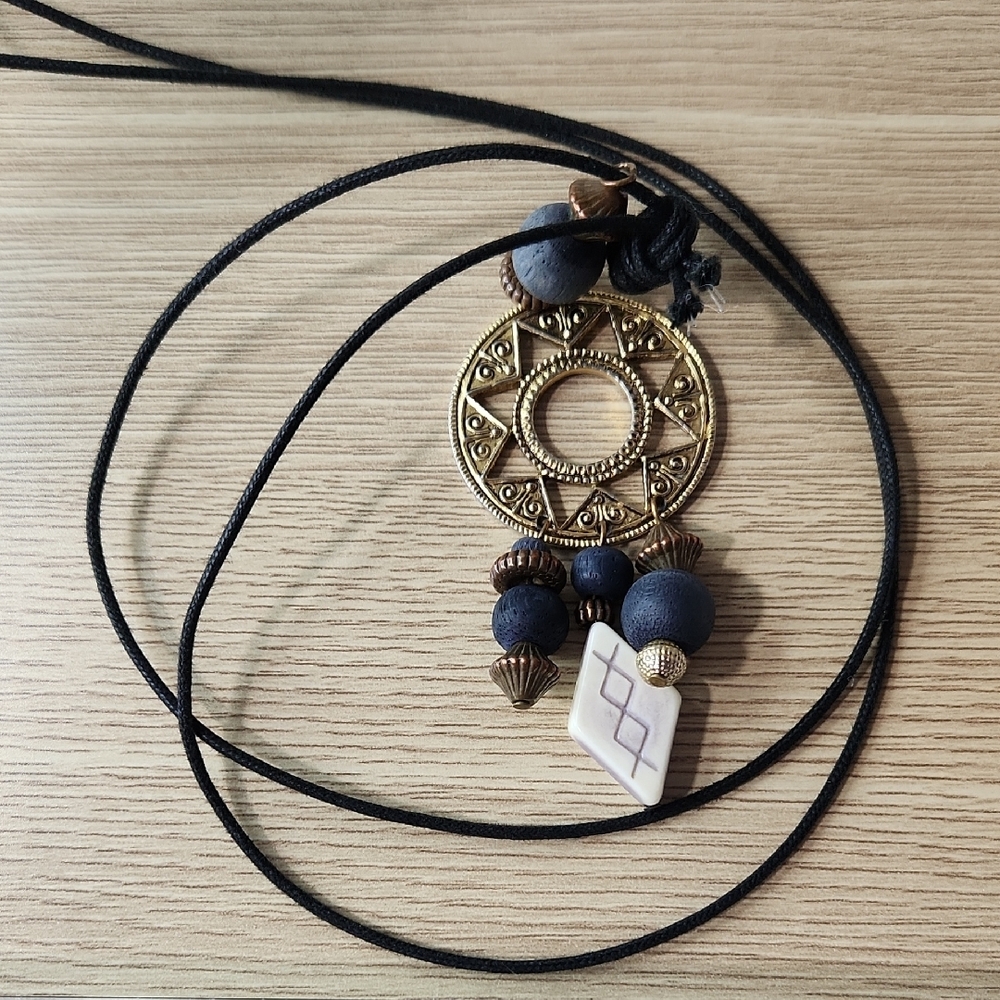 Vintage 21" Necklace With Wood & Ceramic Pendant On Black Cord